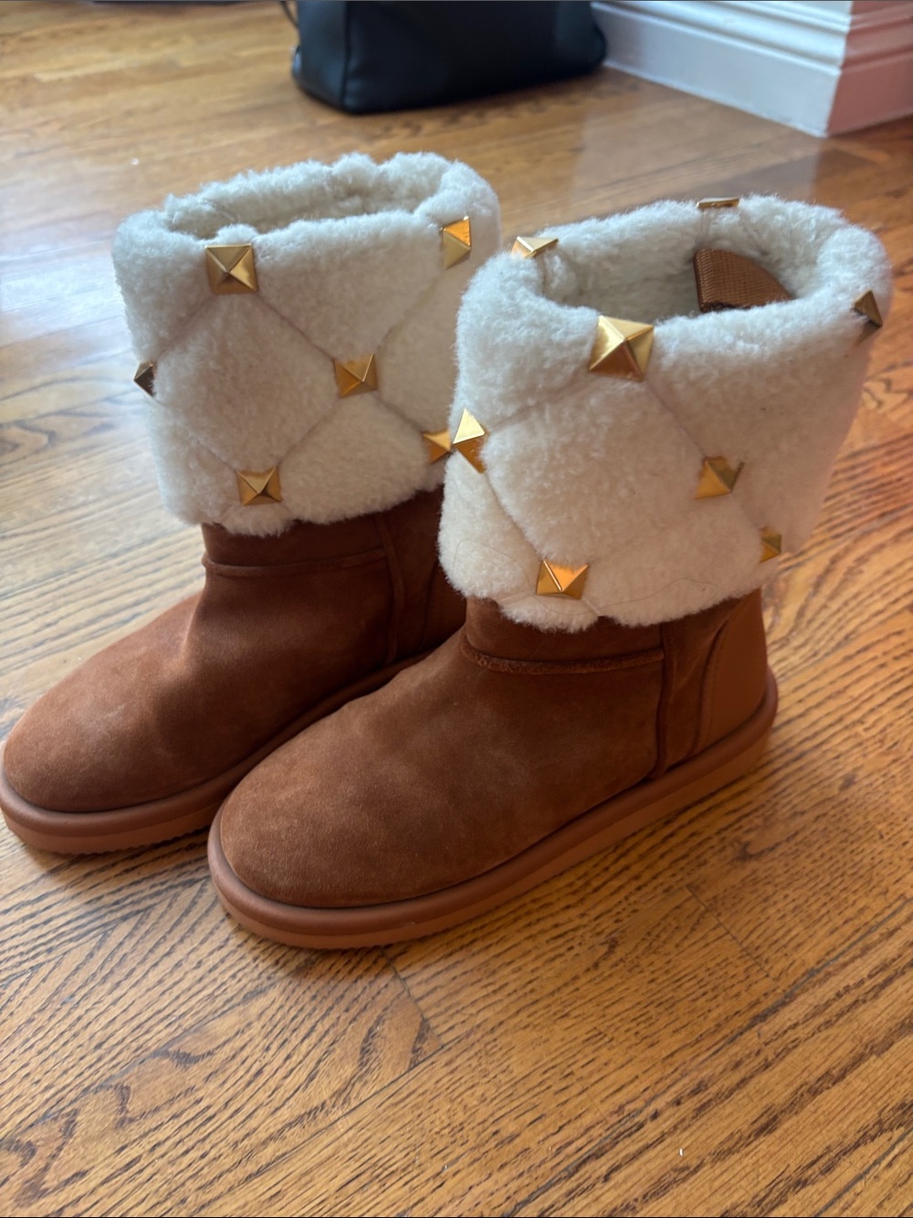 Valentino Brown Suede Shearling Ankle Boots with Gold Studs